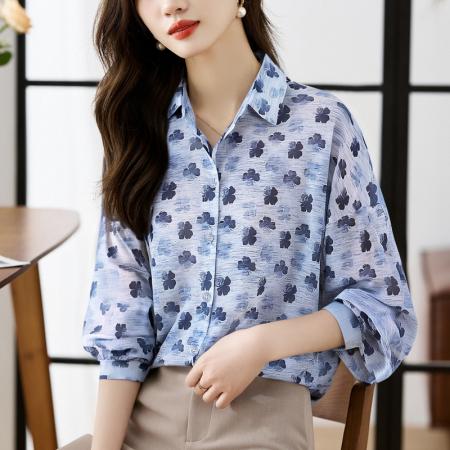 FA56768# 大码宽松休闲花色秋季新款女装翻领雪纺上衣开衫衬衫打底衬衣  服裝批發女裝批發服飾貨源