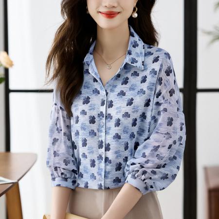 FA56768# 大码宽松休闲花色秋季新款女装翻领雪纺上衣开衫衬衫打底衬衣  服裝批發女裝批發服飾貨源