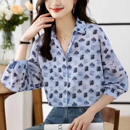 FA56768# 大码宽松休闲花色秋季新款女装翻领雪纺上衣开衫衬衫打底衬衣  服裝批發女裝批發服飾貨源