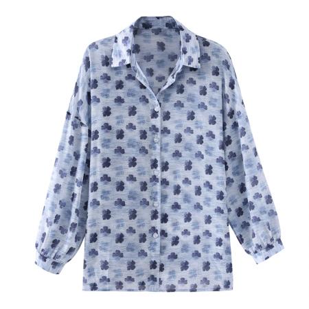 FA56768# 大码宽松休闲花色秋季新款女装翻领雪纺上衣开衫衬衫打底衬衣  服裝批發女裝批發服飾貨源