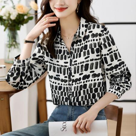 FA56769# 大码宽松休闲花色秋季新款女装翻领雪纺上衣开衫衬衫打底  服裝批發女裝批發服飾貨源