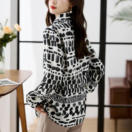 FA56769# 大码宽松休闲花色秋季新款女装翻领雪纺上衣开衫衬衫打底  服裝批發女裝批發服飾貨源