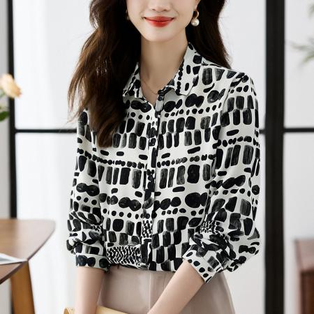 FA56769# 大码宽松休闲花色秋季新款女装翻领雪纺上衣开衫衬衫打底  服裝批發女裝批發服飾貨源