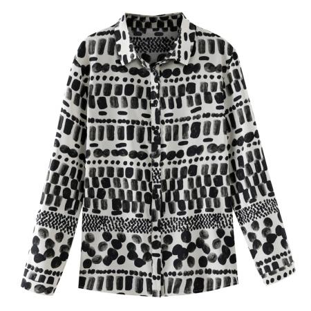 FA56769# 大码宽松休闲花色秋季新款女装翻领雪纺上衣开衫衬衫打底  服裝批發女裝批發服飾貨源