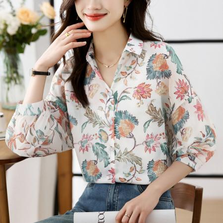 FA56770# 大码宽松休闲花色秋季新款女装翻领雪纺上衣开衫衬衫打底衬衣  服裝批發女裝批發服飾貨源