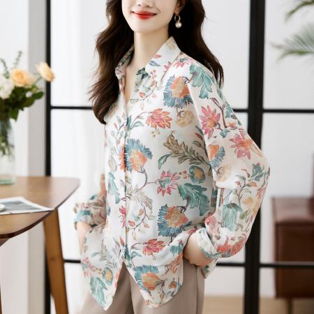 FA56770# 大码宽松休闲花色秋季新款女装翻领雪纺上衣开衫衬衫打底衬衣  服裝批發女裝批發服飾貨源