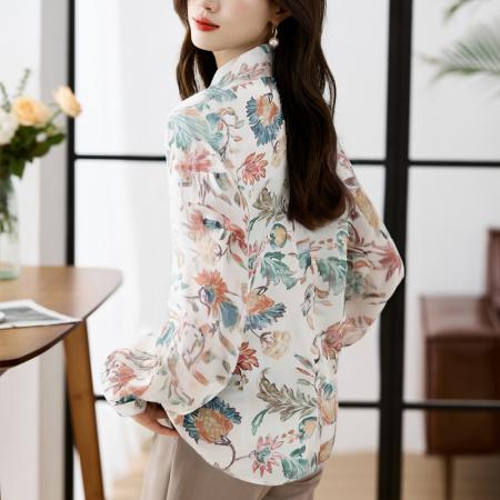 FA56770# 大码宽松休闲花色秋季新款女装翻领雪纺上衣开衫衬衫打底衬衣  服裝批發女裝批發服飾貨源