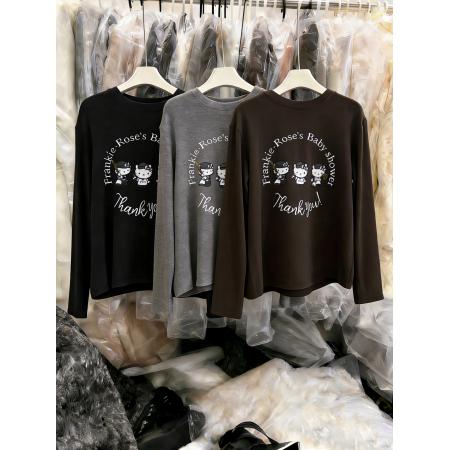 FA56773# 磨毛加绒韩系慵懒减龄印花长袖t恤女秋冬内搭打底衫高级感上衣  服裝批發女裝批發服飾貨源