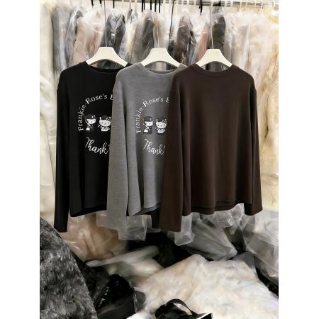 FA56773# 磨毛加绒韩系慵懒减龄印花长袖t恤女秋冬内搭打底衫高级感上衣  服裝批發女裝批發服飾貨源