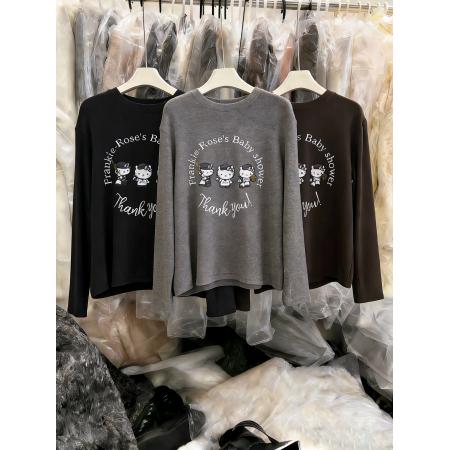 FA56773# 磨毛加绒韩系慵懒减龄印花长袖t恤女秋冬内搭打底衫高级感上衣  服裝批發女裝批發服飾貨源