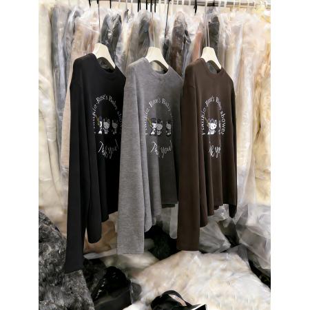 FA56773# 磨毛加绒韩系慵懒减龄印花长袖t恤女秋冬内搭打底衫高级感上衣  服裝批發女裝批發服飾貨源