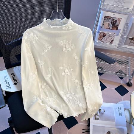 FA56775# 半高领蕾丝打底衫女秋冬新款木耳边高级感内搭网纱上衣女  服裝批發女裝批發服飾貨源