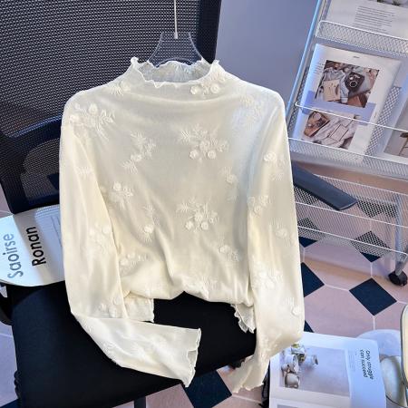 FA56775# 半高领蕾丝打底衫女秋冬新款木耳边高级感内搭网纱上衣女  服裝批發女裝批發服飾貨源