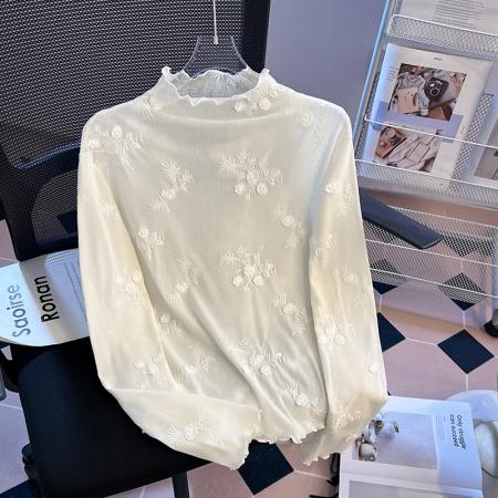 FA56775# 半高领蕾丝打底衫女秋冬新款木耳边高级感内搭网纱上衣女  服裝批發女裝批發服飾貨源