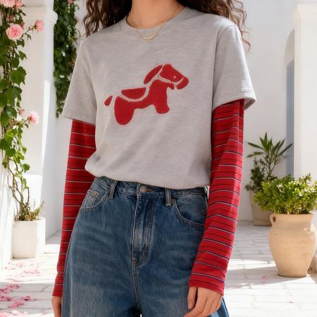 FA56776# 小狗刺绣假两件长袖T恤女春季新款美式正肩显瘦内搭打底上衣  服裝批發女裝批發服飾貨源