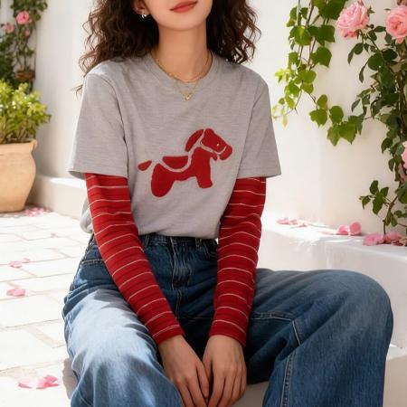 FA56776# 小狗刺绣假两件长袖T恤女春季新款美式正肩显瘦内搭打底上衣  服裝批發女裝批發服飾貨源