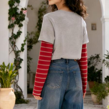 FA56776# 小狗刺绣假两件长袖T恤女春季新款美式正肩显瘦内搭打底上衣  服裝批發女裝批發服飾貨源