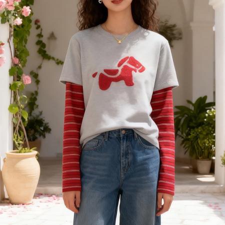 FA56776# 小狗刺绣假两件长袖T恤女春季新款美式正肩显瘦内搭打底上衣  服裝批發女裝批發服飾貨源