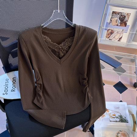 FA56777# V领蕾丝拼接长袖打底衫女春季洋气褶皱收腰弧形t恤上衣潮  服裝批發女裝批發服飾貨源