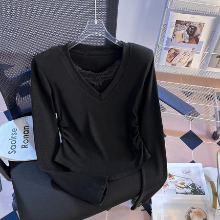 FA56777# V领蕾丝拼接长袖打底衫女春季洋气褶皱收腰弧形t恤上衣潮  服裝批發女裝批發服飾貨源