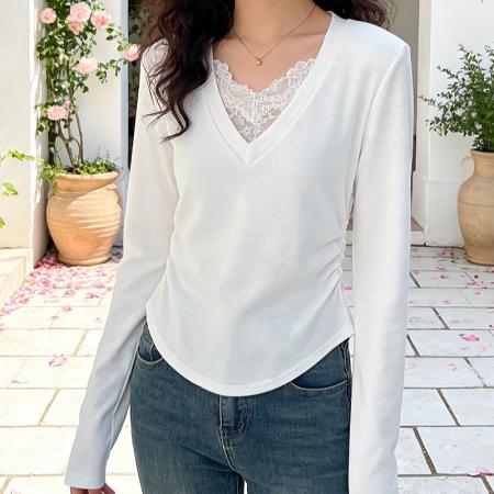 FA56777# V领蕾丝拼接长袖打底衫女春季洋气褶皱收腰弧形t恤上衣潮  服裝批發女裝批發服飾貨源