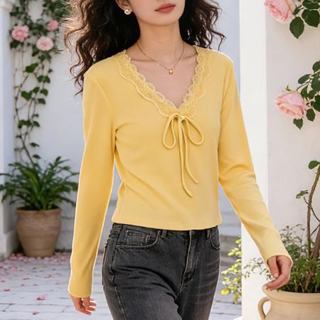 FA56779# 蕾丝v领正肩长袖t恤女春季气质蝴蝶结系带上衣打底衫内搭  服裝批發女裝批發服飾貨源