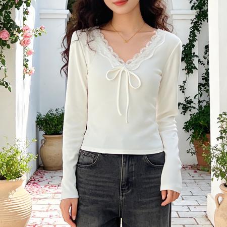 FA56779# 蕾丝v领正肩长袖t恤女春季气质蝴蝶结系带上衣打底衫内搭  服裝批發女裝批發服飾貨源