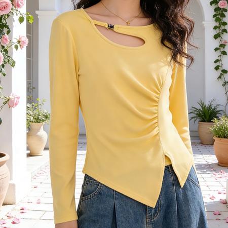 FA56780# 不规则镂空时尚正肩长袖T恤女装春季新款修身打底衫上衣  服裝批發女裝批發服飾貨源