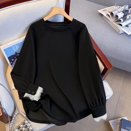 FA56781# 慵懒风高级感衬衫袖拼接花边t恤女春宽松插肩袖打底衫  服裝批發女裝批發服飾貨源