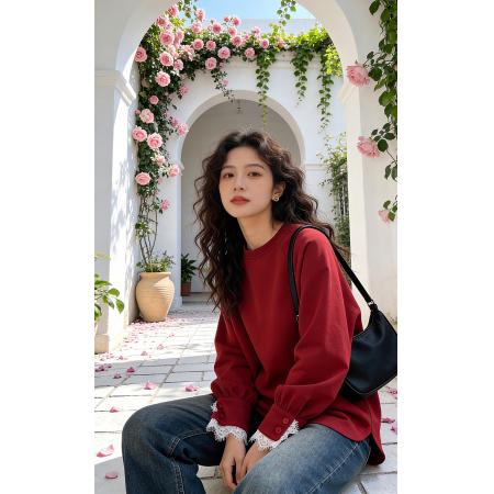 FA56781# 慵懒风高级感衬衫袖拼接花边t恤女春宽松插肩袖打底衫  服裝批發女裝批發服飾貨源