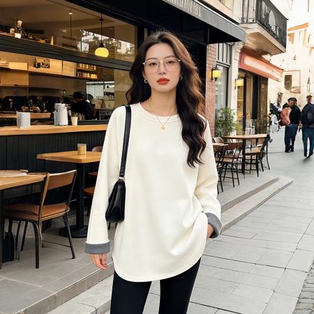FA56782# 加绒加厚宽松慵懒风设计撞色圆领插肩袖卫衣女秋冬上衣  服裝批發女裝批發服飾貨源