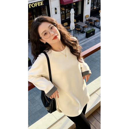 FA56782# 加绒加厚宽松慵懒风设计撞色圆领插肩袖卫衣女秋冬上衣  服裝批發女裝批發服飾貨源
