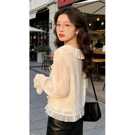 FA56783# 法式荷叶边喇叭长袖衬衫v领小衫女早春新款别致很仙上衣  服裝批發女裝批發服飾貨源