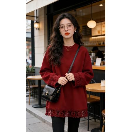 FA56784# 蕾丝拼接德绒加厚保暖卫衣女秋冬款新款时尚洋气宽松上衣  服裝批發女裝批發服飾貨源