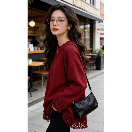 FA56784# 蕾丝拼接德绒加厚保暖卫衣女秋冬款新款时尚洋气宽松上衣  服裝批發女裝批發服飾貨源