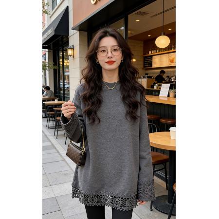 FA56784# 蕾丝拼接德绒加厚保暖卫衣女秋冬款新款时尚洋气宽松上衣  服裝批發女裝批發服飾貨源