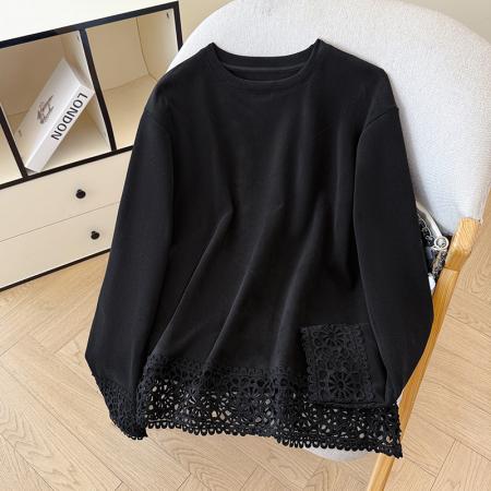 FA56784# 蕾丝拼接德绒加厚保暖卫衣女秋冬款新款时尚洋气宽松上衣  服裝批發女裝批發服飾貨源