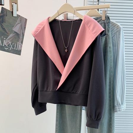 FA56786# 春季新款设计感百搭减龄大翻领连帽T恤卫衣  服裝批發女裝批發服飾貨源