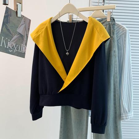 FA56786# 春季新款设计感百搭减龄大翻领连帽T恤卫衣  服裝批發女裝批發服飾貨源