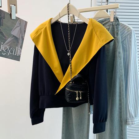 FA56786# 春季新款设计感百搭减龄大翻领连帽T恤卫衣  服裝批發女裝批發服飾貨源