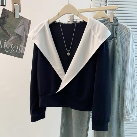 FA56786# 春季新款设计感百搭减龄大翻领连帽T恤卫衣  服裝批發女裝批發服飾貨源