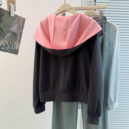 FA56786# 春季新款设计感百搭减龄大翻领连帽T恤卫衣  服裝批發女裝批發服飾貨源