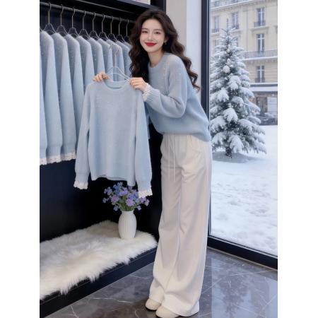 FA56788# 奶蓝色蕾丝拼接假两件碎钻亮丝毛针织衫春季慵懒高级感上衣女  服裝批發女裝批發服飾貨源