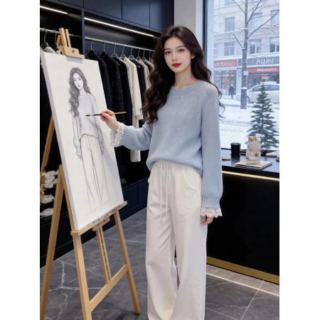 FA56788# 奶蓝色蕾丝拼接假两件碎钻亮丝毛针织衫春季慵懒高级感上衣女  服裝批發女裝批發服飾貨源