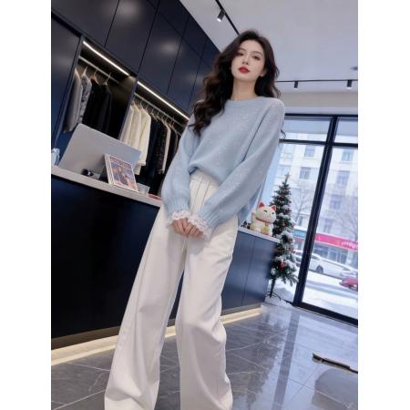 FA56788# 奶蓝色蕾丝拼接假两件碎钻亮丝毛针织衫春季慵懒高级感上衣女  服裝批發女裝批發服飾貨源