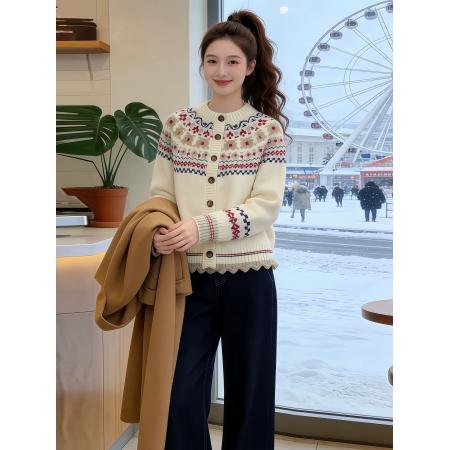 FA56789# 民族风复古提花撞色圆领费尔岛针织开衫外套毛衣女秋冬季加厚上衣  服裝批發女裝批發服飾貨源