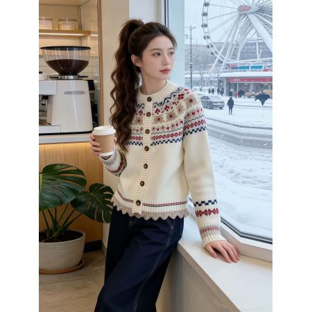 FA56789# 民族风复古提花撞色圆领费尔岛针织开衫外套毛衣女秋冬季加厚上衣  服裝批發女裝批發服飾貨源