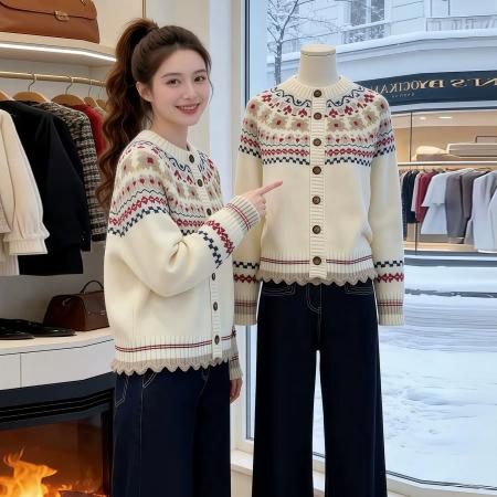 FA56789# 民族风复古提花撞色圆领费尔岛针织开衫外套毛衣女秋冬季加厚上衣  服裝批發女裝批發服飾貨源