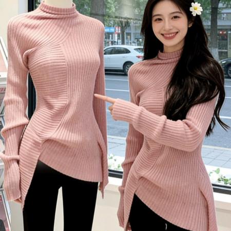 FA56792# 高级感不对称半高领针织衫修身毛衣女打底衫上衣  服裝批發女裝批發服飾貨源
