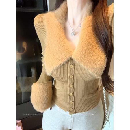 FA56794# 拼接毛领长袖针织开衫女冬季显瘦收腰毛衣外套修身辣妹上衣  服裝批發女裝批發服飾貨源